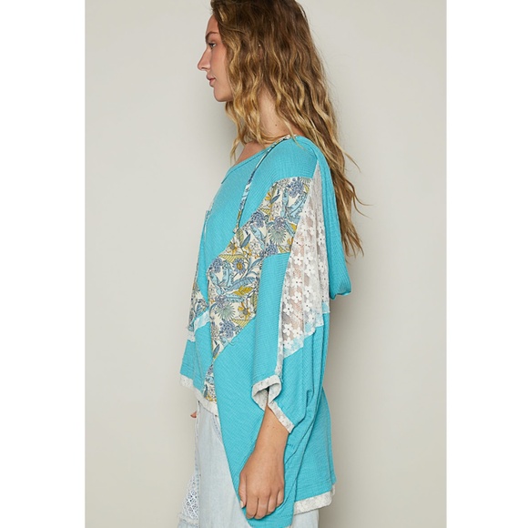 75. NWOT POL Turquoise Oversized V-neck Floral Peace Sign Hoodie - Picture 3 of 7